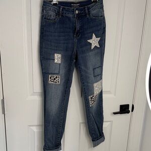 Frank Lyman Design Dark Blue Denim Jeans with Silver Glitter & Leopard Patches